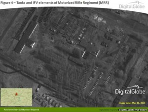 Tanks and IFV elements of Motorised Rifle Regiment are shown in this satellite image reportedly from 26 March near Belgorod