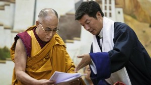 Lobsang Sangay, right, and the Dalai Lama in Dharamsala on Thursday