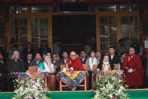His Holiness the Dalai Lama (C) flanked by Noble laureates, Jody Williams of US (R) and Shirin Ebadi of Iran (L) who chose to boycott the Nobel Summit to be held in South Africa.  