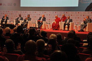 His Holiness the Dalai Lama with fellow panelists during the 5th session of the 14th Summit of Nobel Peace Laureates in Rome, Italy on December 13, 2014. Photo/Jeremy Russell/OHHDL