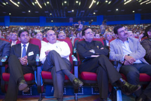 Members of the audience listening to His Holiness the Dalai Lama speaking during the Santokbaa Award ceremony at the Danjeev Kumar auditorium in Surat, Gujarat, India on January 2, 2015. Photo/Tenzin Choejor/OHHDL