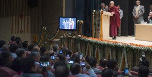 His Holiness the Dalai Lama speaking at Dr. Ram Manohar Lohia Hospital in New Delhi, India on January 20, 2015. Photo/Tenzin Choejor/OHHDL
