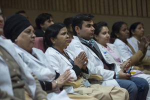 Some of the over 400 doctors, nurses and medical staff listening to His Holiness the Dalai Lama speaking at Dr. Ram Manohar Lohia Hospital in New Delhi, India on January 20, 2015. Photo/Tenzin Choejor/OHHDL