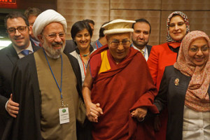 His Holiness the Dalai Lama, wearing a Balti hat, with fellow participants from the American Muslim Community after their panel discussion on Service in Action in Washington, DC on February 5, 2015. Photo/Jeremy Russell/OHHDL