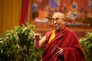 His Holiness the Dala Lama speaking during his talk at St Jakobshalle in Basel, Switzerland on February 8, 2015. Photo/Olivier Adam