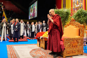 His Holiness the Dalai Lama thanking the audience at the conclusion of his talk at St Jakobshalle in Basel, Switzerland on February 8, 2015. Photo/Olivier Adam