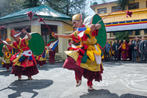 Monks from Gongkar Chödey Monastery perform a ritual Cham dance welcoming His Holiness the Dalai Lama to an elaborate Long Life Prayer at the Main Tibetan Temple in Dharamsala, HP, India on March 4, 2015. Photo/Tenzin Choejor/OHHDL
