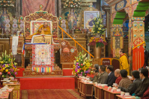 Tai Situ Rinpoche speaking words of welcome to His Holiness the Dalai Lama to Palpung Sherabling Monastery in Upper Bhattu, HP, India on March 11, 2015. Photo/Tenzin Choejor/OHHDL