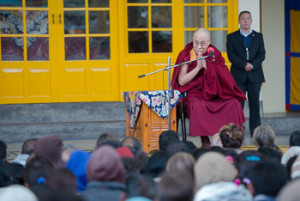 His Holiness the Dalai Lama speaking to visitors to Dharamsala gathered at the Main Tibetan Temple in Dharamsala, HP, India on March 30, 2015. Photo/Tenzin Choejor/OHHDL 