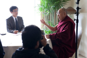 His Holiness the Dalai Lama giving an interview to Japanese journalists from Asahi Shimbun newspaper and Live Viewing Japan in Gifu, Japan on April 8, 2015. Photo/Tenzin Jigmey
