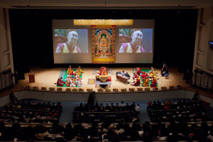 A view of the stage at Showa University Hall, venue for His Holiness the Dalai Lama’s teaching in Tokyo, Japan on April 12, 2015. Photo/Tenzin Jigmey