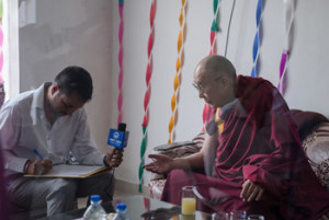 Anil Patwar interviewing His Holiness the Dalai Lama in Kangra, HP, India on May 9, 2015. Photo/Tenzin Choejor/OHHDL