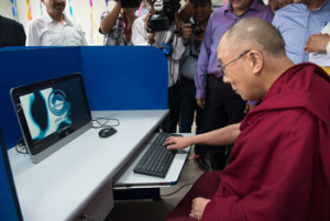 His Holiness the Dalai Lama launching the app Himachalabhiabhi.com during his visit to Kangra, HP, India on May 9, 2015. Photo/Tenzin Choejor/OHHDL