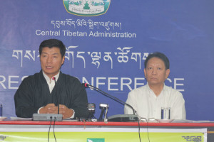 Sikyong Dr Lobsang Sangay (left) with Mr Trinley Gyatso, Secretary of the Department of Finance at the press conference.