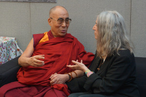 His Holiness the Dalai Lama with singer Patti Smith before his appearance at the Pyramid Stage at the Glastonbury Festival in Glastonbury, Somerset, UK on June 28, 2015. Photo/Jeremy Russell/OHHDL
