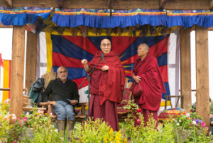 His Holiness the Dalai Lama speaking at King's Meadow at the Glastonbury Festival in Glastonbury, Somerset, UK on June 28, 2015. Photo/Nick Wall