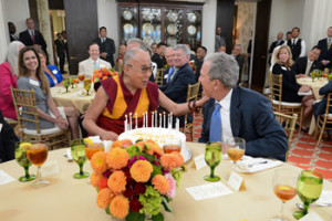 His Holiness the Dalai Lama thanking President Bush for a cake presented in honor of his upcoming 80th birthday during a luncheon at the George W. Bush Presidential Center in Dallas, Texas, USA on July 1, 2015. Photo/Bush Center