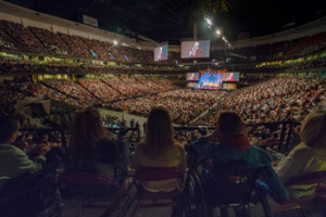 A view of the over 18,000 people attending His Holiness the Dalai Lama talk and celebrations honoring his 80th birthday at the Honda Center on the first day of the Global Compassion Summit in Anaheim, California, USA on July 5, 2015. Photo/Tenzin Choejor/OHHDL