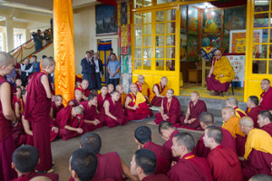 His Holiness the Dalai Lama observing debating by monks and nuns from Nepal at the Tsuglagkhang in Dharamsala, HP, India on July 20, 2015. Photo/Tenzin Phuntsok/OHHDL