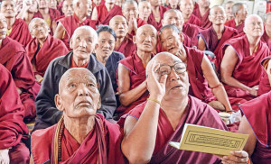 Monks take part in a prayer during the Dalai Lama's 80th birthday celebrations in McLeodGanj.