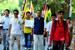 TYC President Tenzin Jigme (centre) leading the peace march in Delhi.