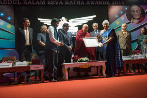 His Holiness the Dalai Lama presenting the Abdul Kalam Seva Ratna Awards during ceremonies in Chennai, TN, India on November 9, 2015. Photo/Tenzin Choejor/OHHDL