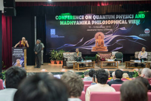 His Holiness the Dalai Lama speaking at the start of the Conference on Quantum Physics and Madhyamaka Philosophical View at Jawaharla Nehru University in Delhi, India on November 12, 2015. Photo/Tenzin Choejor/OHHDL