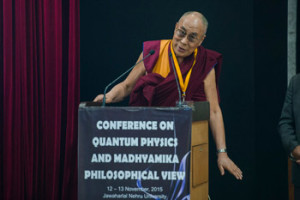 His Holiness the Dalai Lama speaking at the start of the Conference on Quantum Physics and Madhyamaka Philosophical View at JNU in Delhi, India on November 12, 2015. Photo/Tenzin Choejor/OHHDL