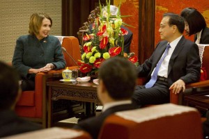 US House Minority Leader Nancy Pelosi (D-CA) speaks during a bilateral meeting with Chinese Premier Li Keqiang (R) at the Zhongnanhai leadership compound in Beijing, China, on 13 November 2015. Reuters/Pool/Mark Schiefelbein