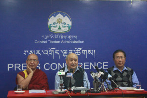 Election Commissioner Sonam Choephel Shosur (centre) flanked by his assistants on both sides.