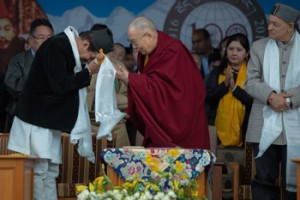 Himachal Pradesh Forestry Minister Shri Thakur Singh Bharmori looks on as His Holiness the Dalai Lama thanks Himachal Pradesh Minister for Ayush Shri Karan Singh with a souvenir at the Centenary Celebrations of the Men-Tsee-Khang in Dharamsala, HP, India on March 23, 2016. Photo/Tenzin Choejor/OHHDL