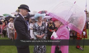 In image made from pool video, Queen Elizabeth II speaks with Metropolitan police commander Lucy D’Orsi in the garden of Buckingham Palace. Photograph: AP
