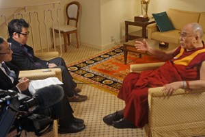 His Holiness the Dalai Lama being interviewed for NHK television in Osaka, Japan on May 9, 2016. Photo/Jeremy Russell/OHHDL (dalailama.com)