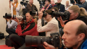 Photographers taking pictures of His Holiness the Dalai Lama during his meeting with members of the media in Riga, Latvia on September 23, 2017. Photo by Tenzin Choejor
